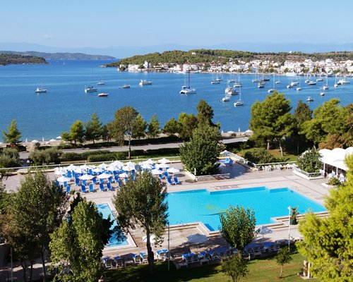 An aerial view of the resort property alongside the sea.