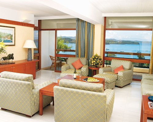 A well furnished living room with outside view.
