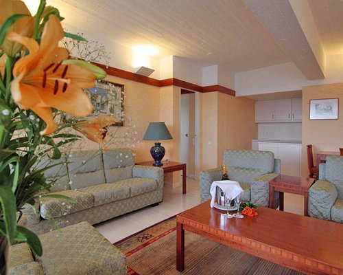 A well furnished living room with a pull out sofa.
