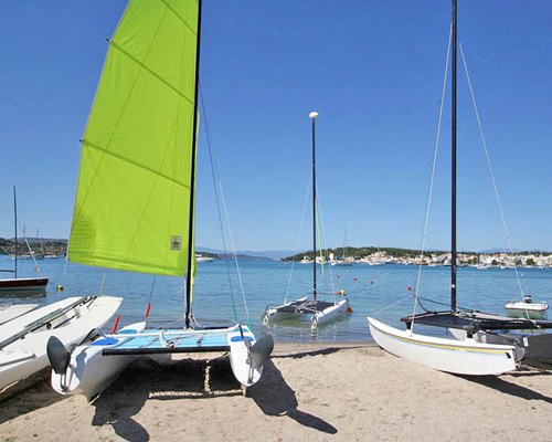 Sailboats parked on the beach.