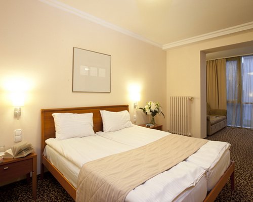 A well furnished bedroom with an outside view.
