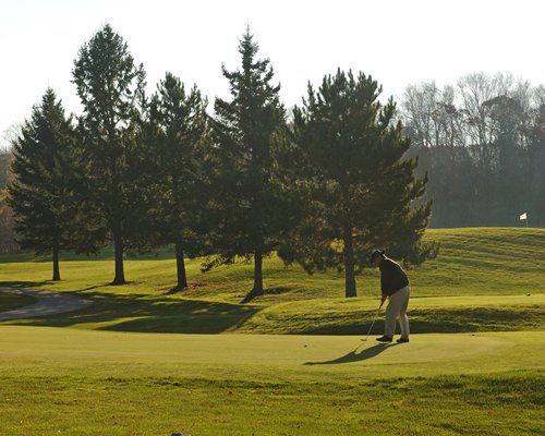 A man playing in a well maintained golf course.