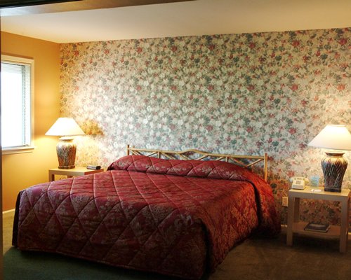 A well furnished bedroom with two lamps and an outside view.