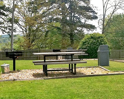 An outdoor picnic area with a barbeque grill.