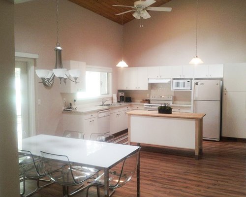 An open plan kitchen and dining area.