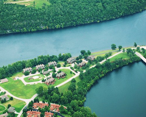 An aerial view of Table Rock Landing On Holiday Island surrounded by the lake.