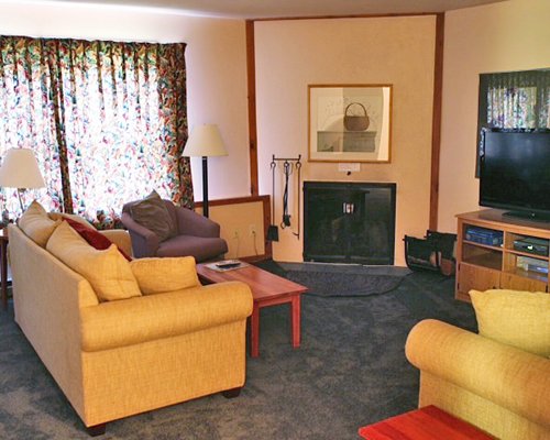 A well furnished living room with a television fireplace and outside view.