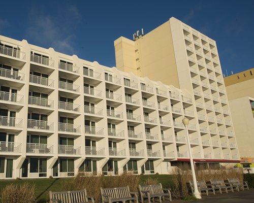 Ground view of the multi story resort balconies.