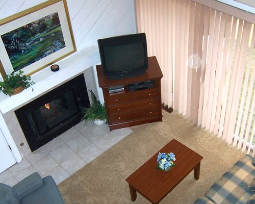 Interior view of a well furnished living room with a fire in the fireplace and outside view.