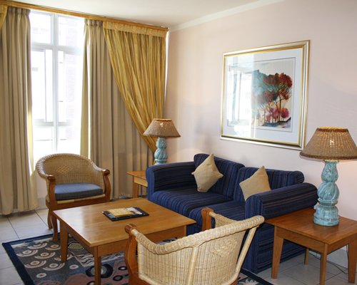A well furnished living room with outside view.