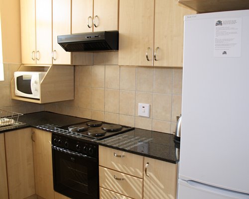 A well equipped kitchen with a microwave oven.