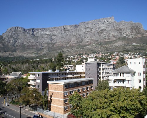 An aerial view of the resort property alongside the mountain.