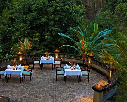 An outdoor dining area surrounded by trees.