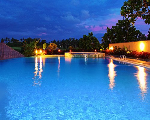 Night view of an outdoor swimming pool.