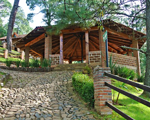 Exterior view of a unit with an outdoor patio surrounded by wooded area.