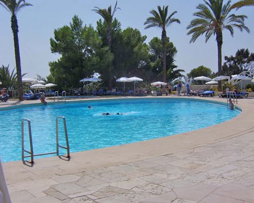 A view of an outdoor swimming pool with chaise lounge chairs and sunshades.
