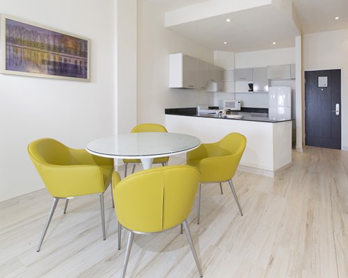 An open plan kitchen and dining area.