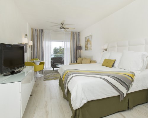 A well furnished bedroom with a television sofas and an outside view.