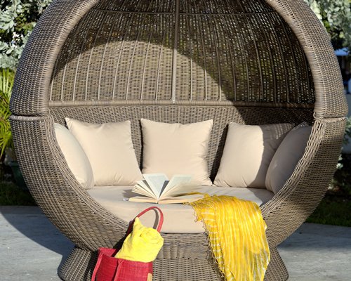 A view of an outdoor cocoon chair.