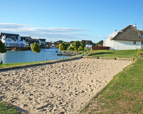 An exterior view of the sand bed alongside the resort.