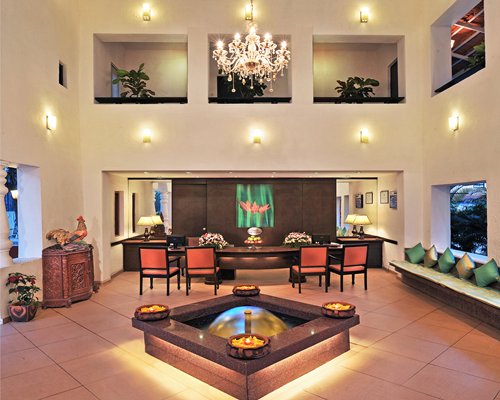Resort lounge area with water fountain.