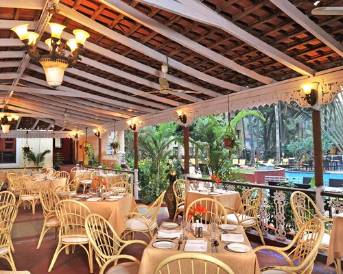 An indoor fine dining restaurant with an outside view.
