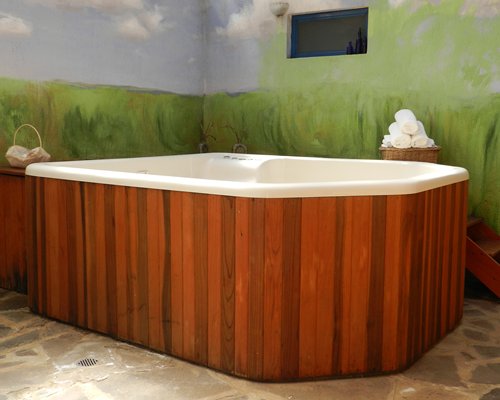 A view of an indoor hot tub.