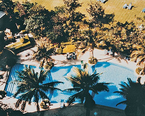 An aerial view of the resort property with a swimming pool.