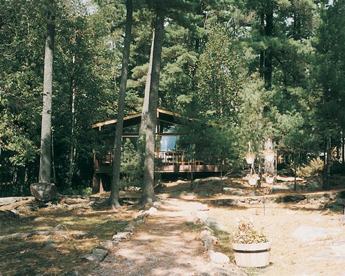 A cottage in a wooded area.