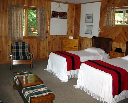 A well furnished bedroom with twin beds and an outside view.