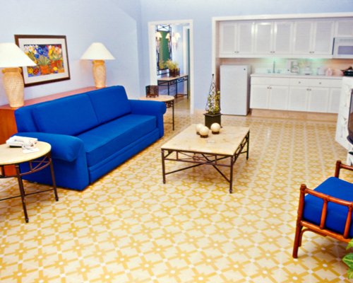 An open plan living room with a pull out sofa and kitchen.