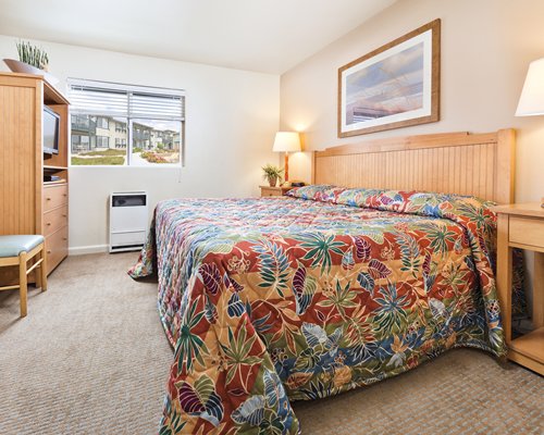 A well furnished bedroom with a television and an outside view.