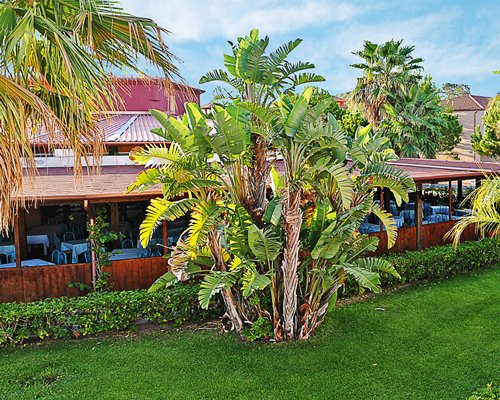 A well maintained lawn alongside the resort units.