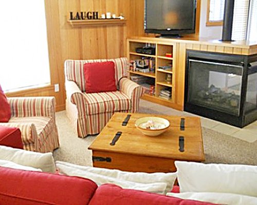 A well furnished living room with fireplace and television.
