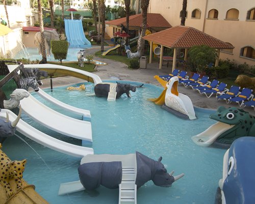 Kids water play area with wild animal slides