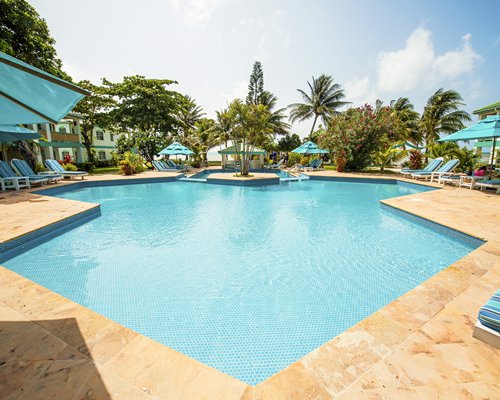 An outdoor swimming pool with chaise lounge chairs and trees.