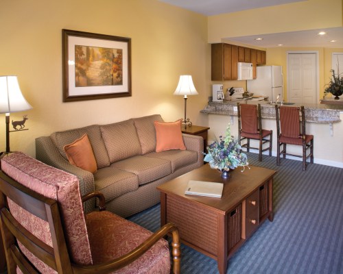 A WELL FURNISHED LIVING ROOM WITH A KITCHEN AND BREAKFAST BAR.