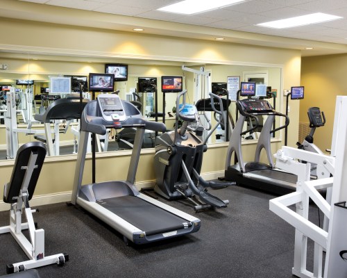 A WELL EQUIPPED INDOOR FITNESS CENTER.
