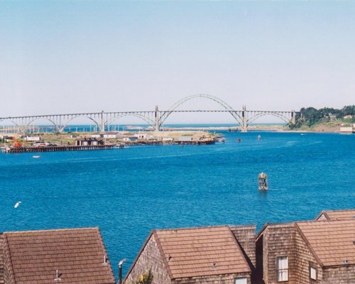 A view of the bridge on the water from the resort units.