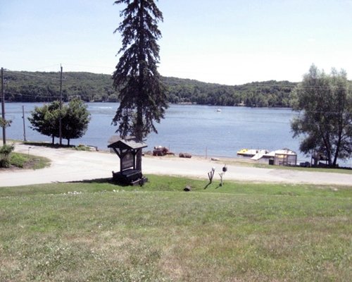 View of lake and signboard from the resort.