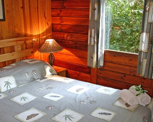 A well furnished bedroom with an outside view.