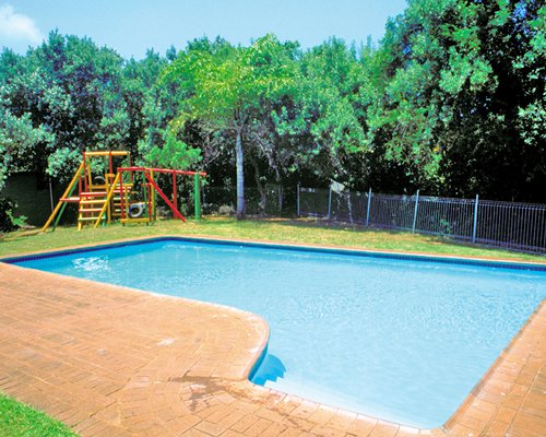 An outdoor swimming pool surrounded by trees.
