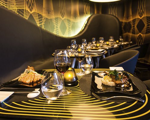Food items and beverages at an indoor restaurant.