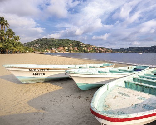View of boats at the beach alongside the ocean and mountains with palm trees.
