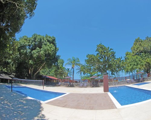 An outdoor swimming pool with volleyball setup chaise lounge chairs and sunshades surrounded by trees.