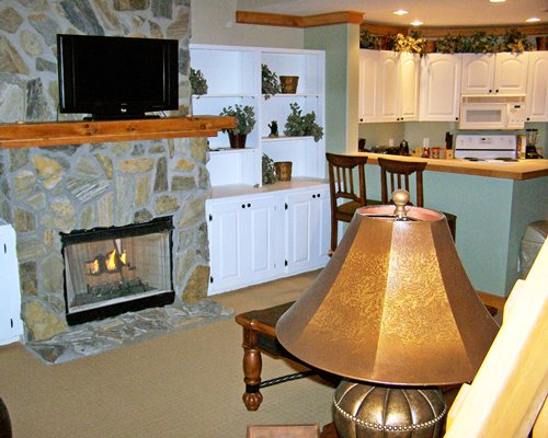 A well furnished living room with a television and a fireplace alongside a kitchen.