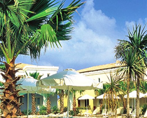 View of palm trees and chaise lounge chairs alongside resort condo.