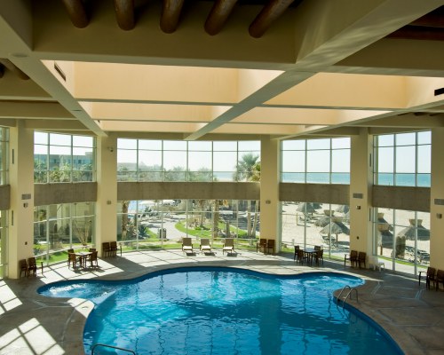 A LARGE OUTDOOR SWIMMING POOL SURROUNDED BY PALM TREES.