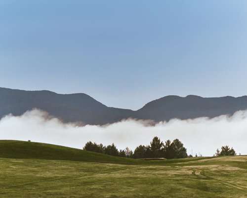 View of wooded area with mist alongside hills.