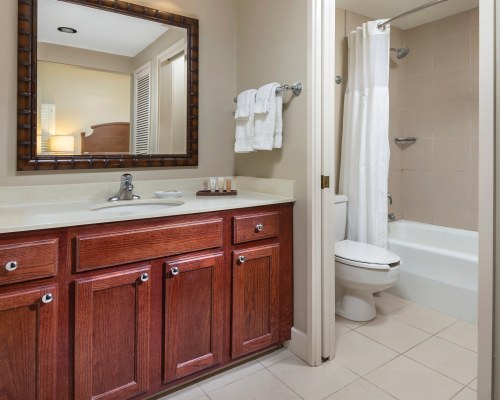 A BATHROOM WITH BATHTUB SHOWER AND SINGLE SINK VANITY.